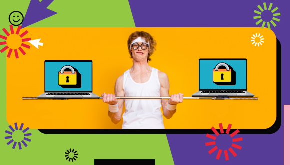 a person in workout clothes lifting a bar with two laptops on either side, with a padlock on each screen